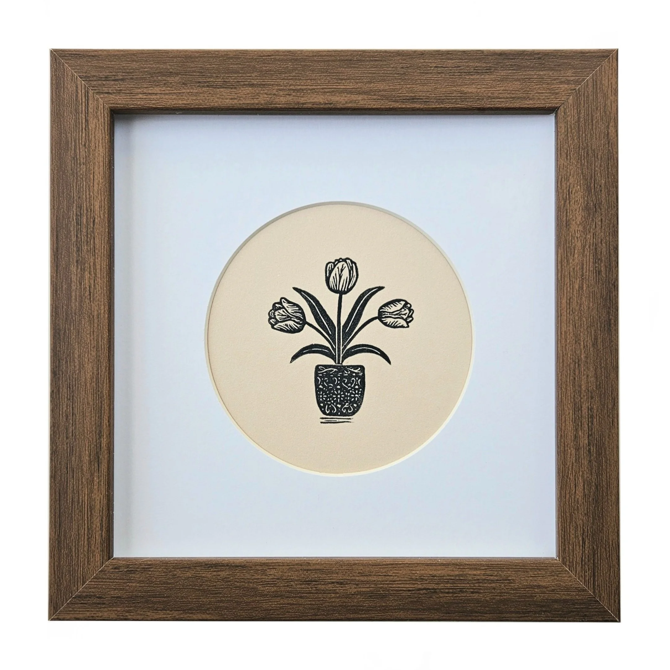 Tiny tulips block print - neutral floral wall art - mini flower